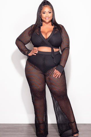 Final Sale Plus Size 2pc Fishnet Faux Wrap Tie Top and Pants Set in Black