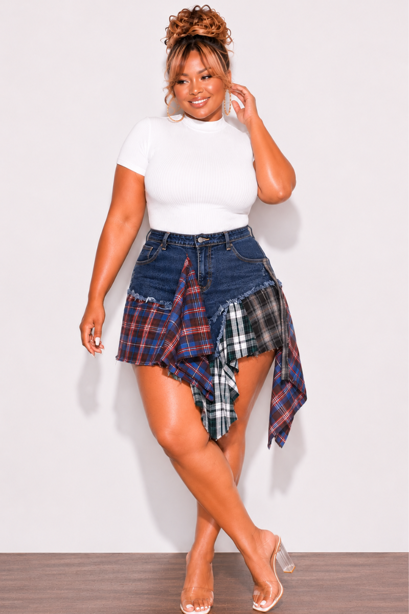 Final Sale Plus Size Splicing Skirt in Dark Denim in Multi-Color Plaid Print