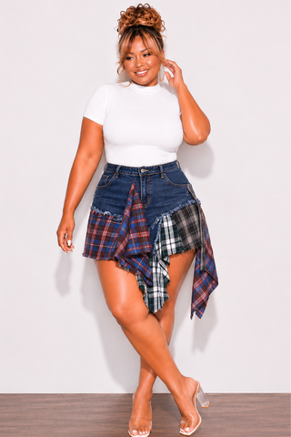 Final Sale Plus Size Splicing Skirt in Dark Denim in Multi-Color Plaid Print