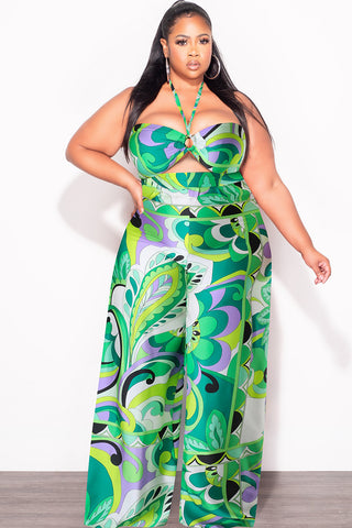 Final Sale Plus Size 2pc Satin Halter Bra Top and Palazzo Pants in Mul Final Sale Plus Size 2pc Satin Halter Bra Top and Palazzo Pants in Mul