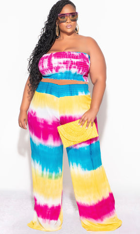 Final Sale Plus Size 2pc Strapless Frill Crop Top and Palazzo Pants Set Multi-Color Tie Dye Print