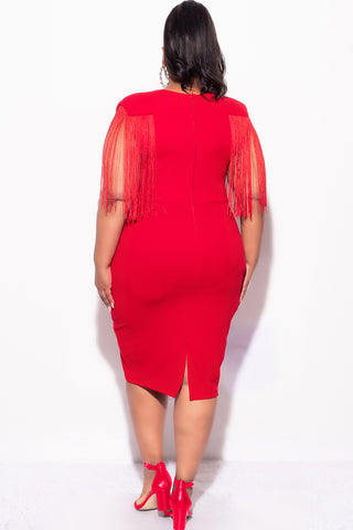 Final Sale Plus Size Faux Wrap Fringe Shoulder BodyCon Dress in Red