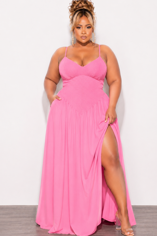 hot pink maxi dress plus size Final Sale Plus Size Poplin Smocked Top Spaghetti Strap Maxi Dress In – Chic And Curvy