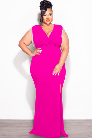 Final Sale Plus Size Faux Wrap Rhinestone Fringe Sleeve Maxi Dress in Fuchsia
