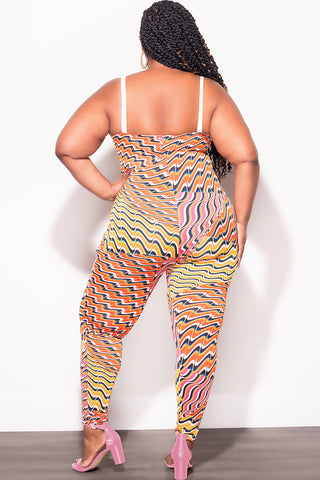 Final Sale Plus Size 2pc Duster & Spaghetti Strap Jumpsuit Set in Orange Multi Color Print
