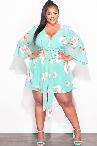 Final Sale Plus Size Chiffon Faux Wrap Bell Sleeve Romper in Teal Floral Print