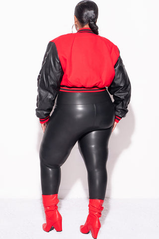 Final Sale Plus Size Cropped Varsity Jacket with Patches in Black & Red