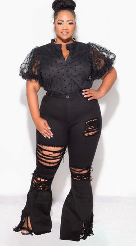 Final Sale Plus Size Distressed Wide Leg Denim Jeans in Black