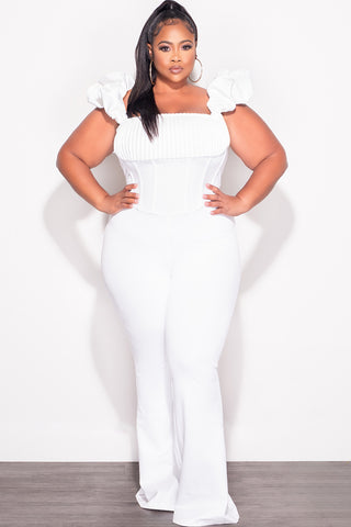 Final Sale Plus Size Off the Shoulder Ruffle Sleeve Pleated Corset Jumpsuit in White