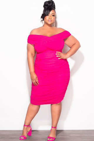 Final Sale Plus Size Sheer Midi Dress with Ruched Sides in Fuchsia