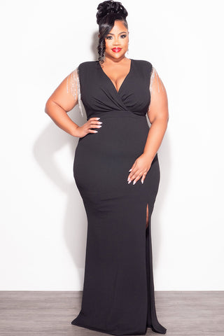 Final Sale Plus Size Faux Wrap Rhinestone Fringe Sleeve Maxi Dress in Black