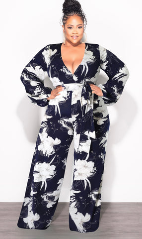 Final Sale Plus Size Faux Wrap Jumpsuit with Waist Tie in Navy and White Floral Print