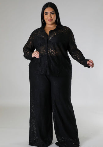 Final Sale Plus Size 2pc Collar Button Up Top And Pants Set In Black