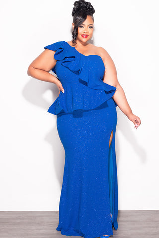 Final Sale Plus Size One Shoulder Layered Ruffle Gown in Royal Blue Glitter