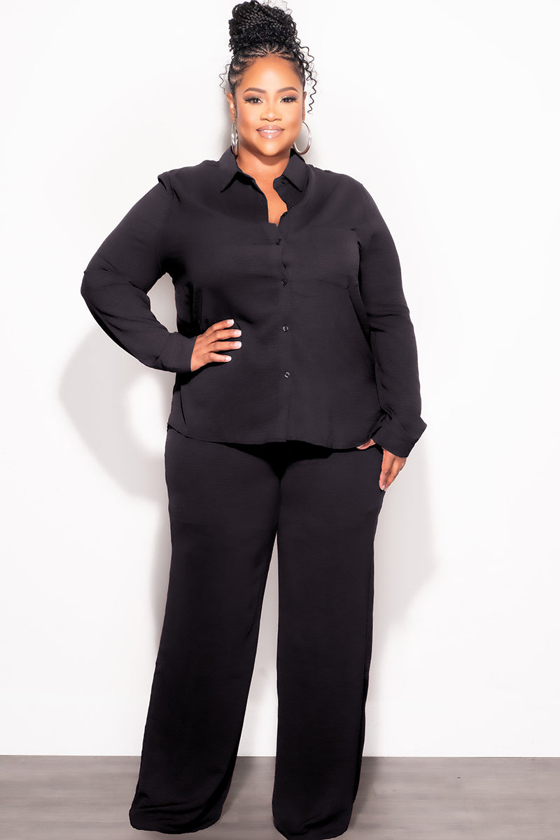 Final Sale Plus Size 2pc Oversized Button Up Collar Top and Pants Set in Black