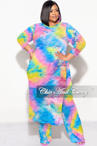 Final Sale Plus Size 2pc Double Slit Top and Set in Rainbow Tie Dye