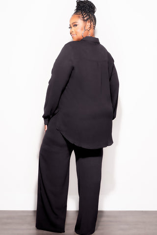 Final Sale Plus Size 2pc Oversized Button Up Collar Top and Pants Set in Black