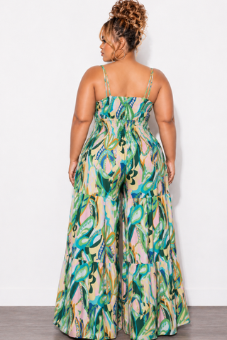 Final Sale Plus Size Spaghetti Strap Tie Front Tiered Wide Leg Jumpsuit with Keyhole in Multi-Color Mix Print
