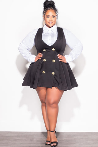 Final Sale Plus Size Sleeveless Scuba Baby Doll Dress with Gold Buttons in Black (Dress Only)