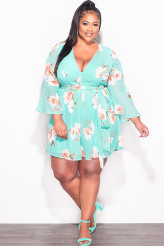 Final Sale Plus Size Chiffon Faux Wrap Bell Sleeve Romper in Teal Floral Print
