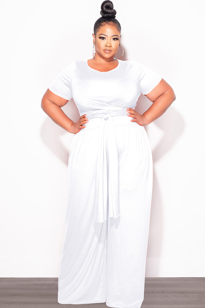 Final Sale Plus Size 2pc Short Sleeve Tie Top and Pants Set in White