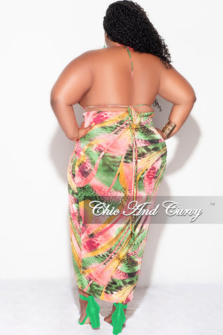 Final Sale Plus Size 3pc Set Bikini Top, Briefs & Skirt in Pink Green and Yellow Print Summer