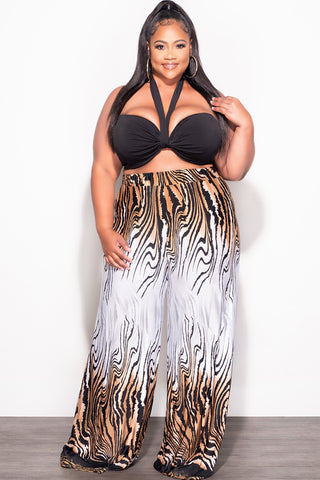 Final Sale Plus Size 2pc Set Black Self Tie Top & Pants in Black, Brown and White Design Print