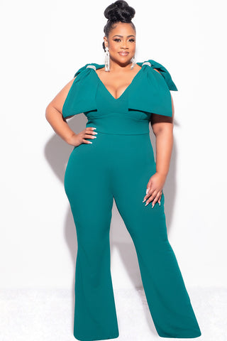 Final Sale Plus Size Jumpsuit with Bow on Shoulders in Green