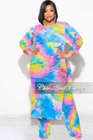 Final Sale Plus Size 2pc Double Slit Top and Set in Rainbow Tie Dye