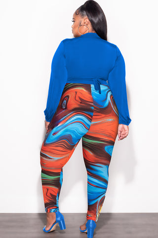Final Sale Plus Size 2pc Wrap Top and Pants Set in Royal Blue Multi Color