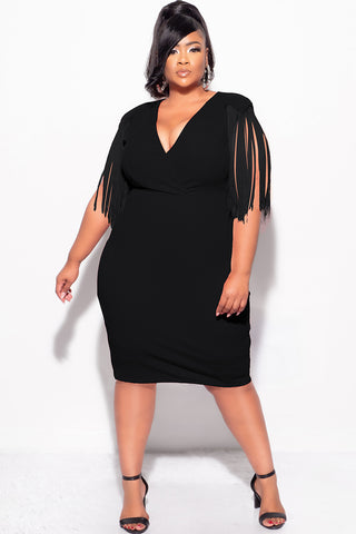 Final Sale Plus Size Faux Wrap Fringe Shoulder BodyCon Dress in Black