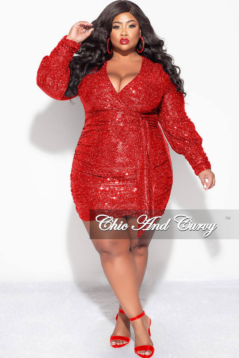 Final Sale Plus Size Long Sleeve Confetti Dot Knit Sequin BodyCon Dress in Red