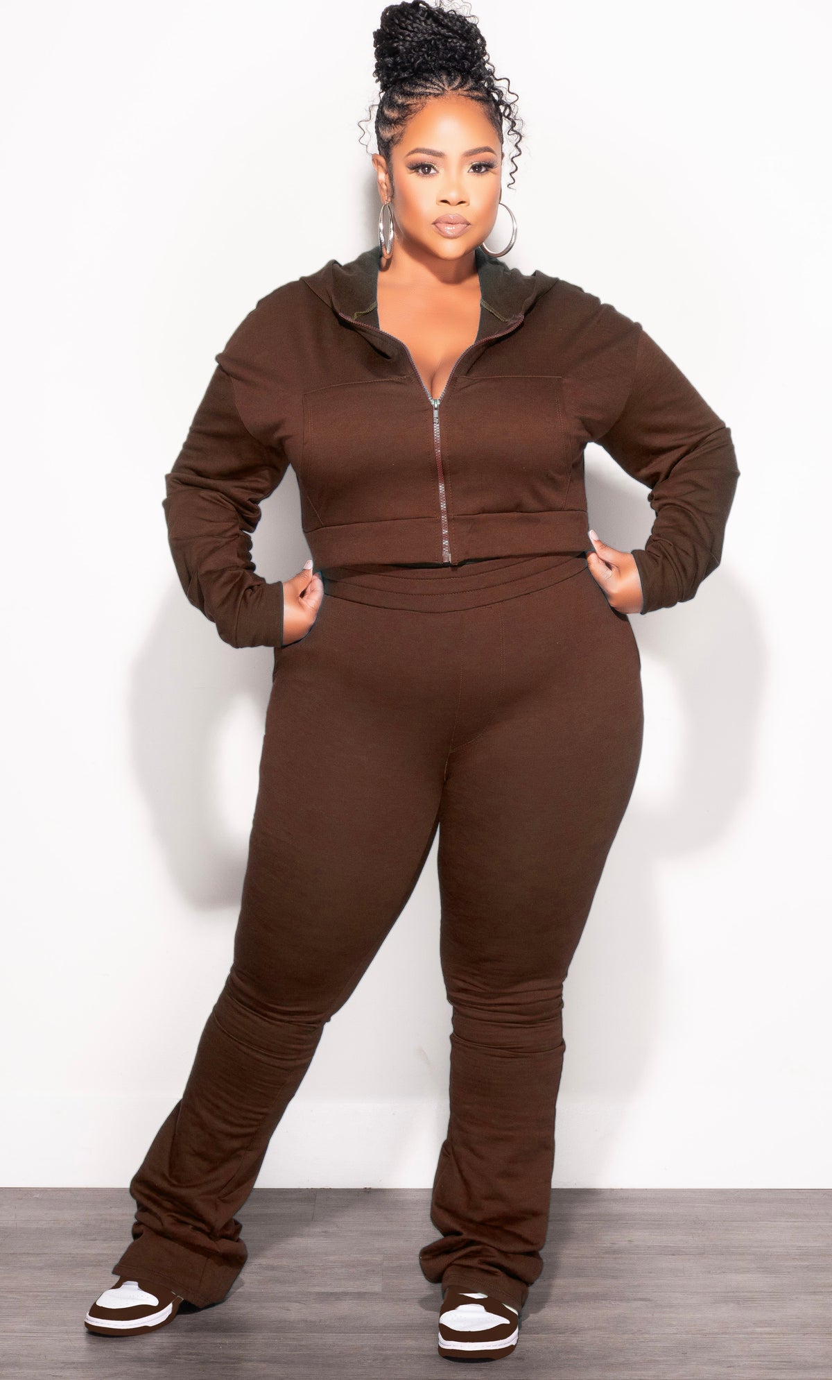 Final Sale Plus Size 2pc Hooded Crop Zip-Up Jacket and Pants Set in Brown