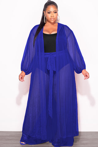 Final Sale Plus Size 2pc Sheer Duster and Pants Set in Royal Blue