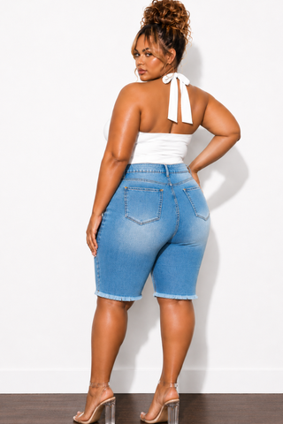 Final Sale Plus Size Distressed Bermuda Shorts in Denim (Shorts Only)