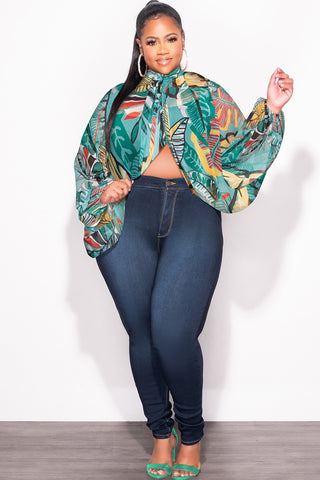 Final Sale Plus Size Sheer Balloon Sleeve Crop Top in Teal Multi Color Leaf Print