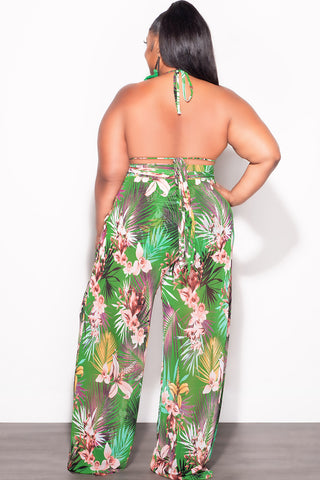 Final Sale Plus Size 3pc Set Mesh Bikini Top, Briefs & Pants in Green Tropical Print