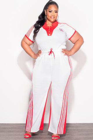 Final Sale Plus Size 2pc Color-Block Collar Crop Top and Pants Set in White and Red