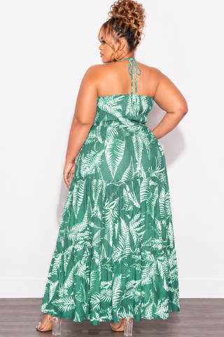 Final Sale Plus Size Halter Tiered Dress in Green & White Leaf Print