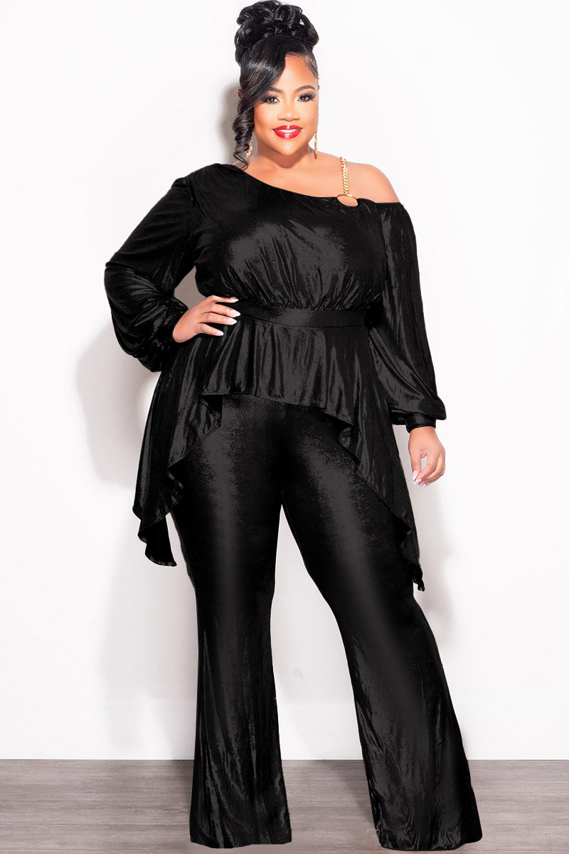 Final Sale Plus Size Cold Shoulder with Gold Chain & Asymmetrical Ruffle Peplum Jumpsuit in Black