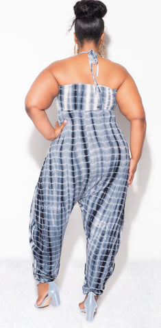 Final Sale Plus Size Halter Harem Jumpsuit in Navy & White Tie Dye Print