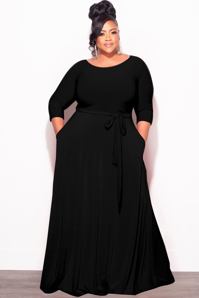 Final Plus Size Long Dress with 3/4 Sleeve and Tie in Black – Chic And Curvy