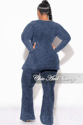 Final Sale Plus Size 2pc Ruched Drawstring Double Slit Top and Pants Set in Blue