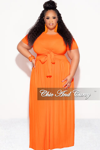 Final Sale Plus Size 2pc Short Sleeve Tie Top and Skirt Set in Orange