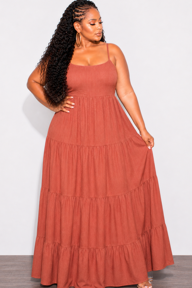 sun dresses plus size Final Sale Plus Size Tiered Maxi Dress in Bronze Rust