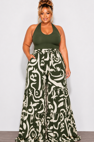 Final Sale Plus Size Halter Jumpsuit with Olive Top and Olive & Tan Bottom