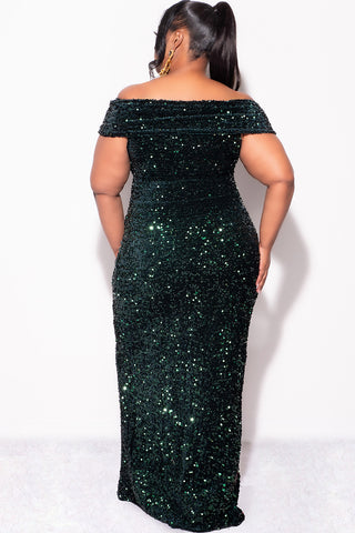 Final Sale Plus Size Off The Shoulder Sequin & Velvet Ruched Gown with Front Slit in Green