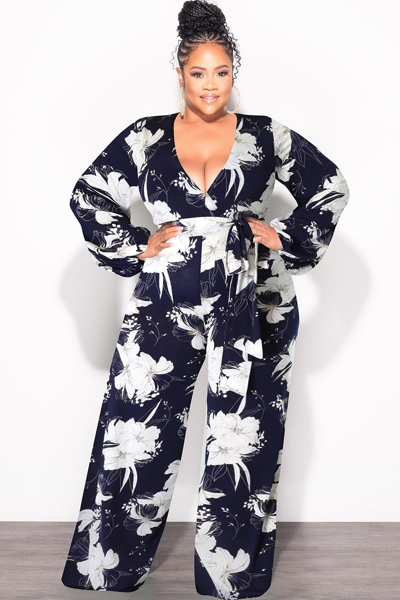 Final Sale Plus Size Faux Wrap Jumpsuit with Waist Tie in Navy and White Floral Print