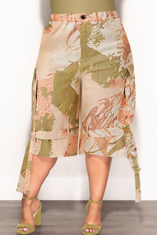 Final Sale Plus Size Cargo Jorts in Peach and Olive Camouflage Print (Shorts Only)