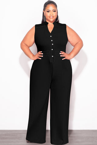Final Sale Plus Size Collar Button Up Sleeveless Jumpsuit in Black